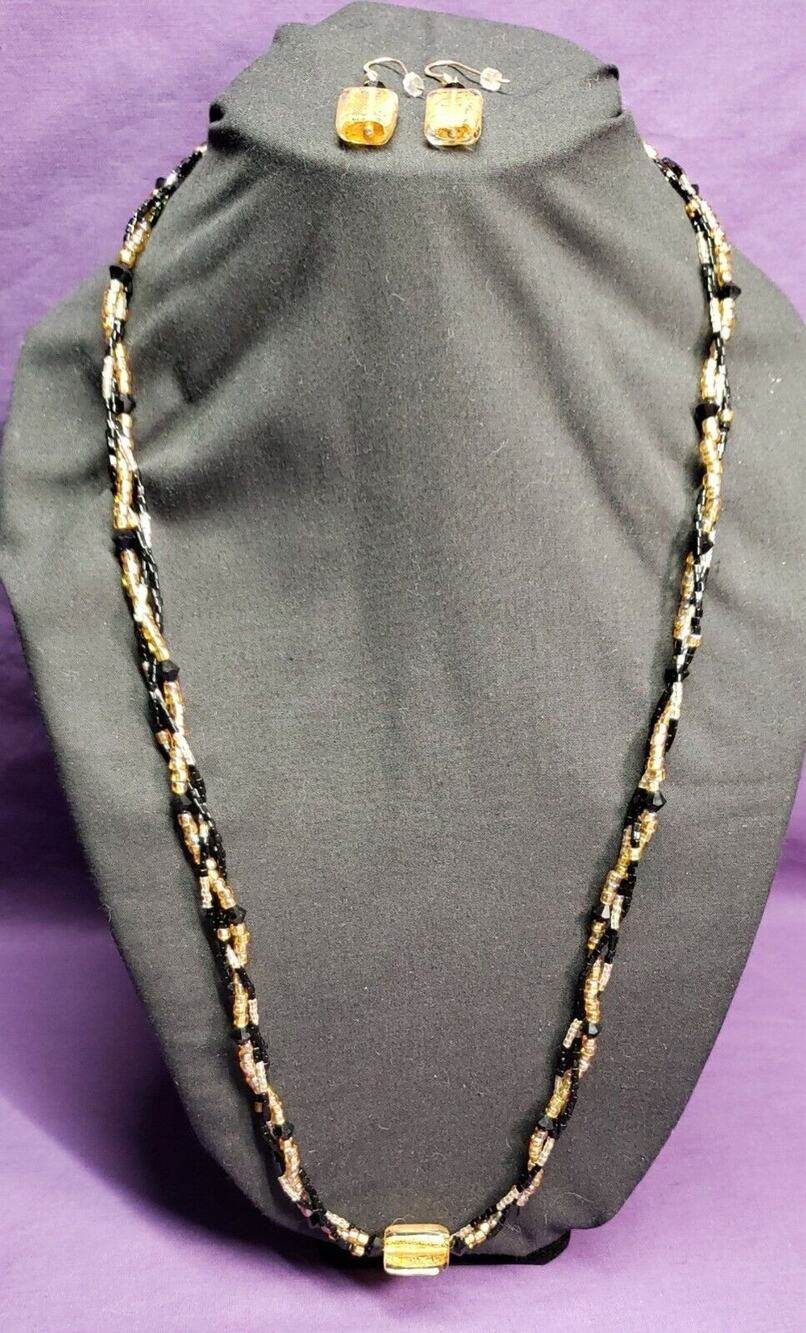 Gold Foiled Glass Black & Gold AB Glass Bead Necklace W/ 14KGF Matching Earrings